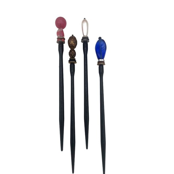 Decorative Hair Sticks Set Of 4 With Gem Tops & Intricate Details - Picture 1 of 4
